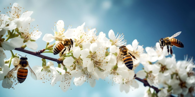 Bees collecting nectar on flowers against blue sky background Generative AI