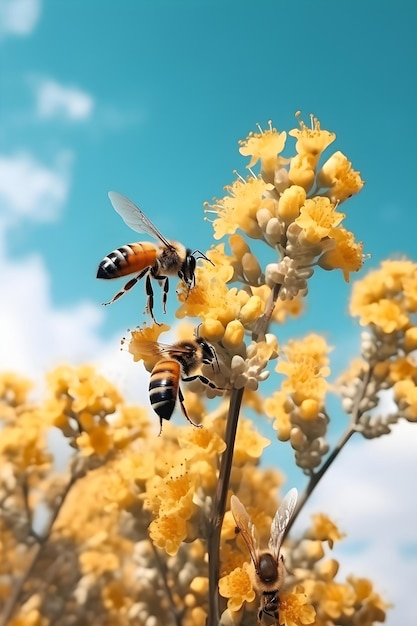 Bees collecting nectar on yellow flowers against blue sky background Generative AI