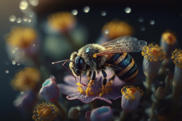 A bees collects honey on flowers on nature Closeup of a honey bee feeding nectar Multicolored flowering summer meadow Golden lush blooming wildflower meadow with wild herbs and flowers