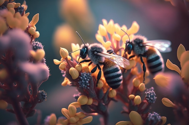 A bees collects honey on flowers on nature Closeup of a honey bee feeding nectar Multicolored flowering summer meadow Golden lush blooming wildflower meadow with wild herbs and flowers