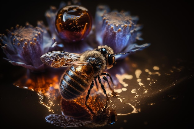 A bees collects honey on flowers on nature Closeup of a honey bee feeding nectar Multicolored flowering summer meadow Golden lush blooming wildflower meadow with wild herbs and flowers