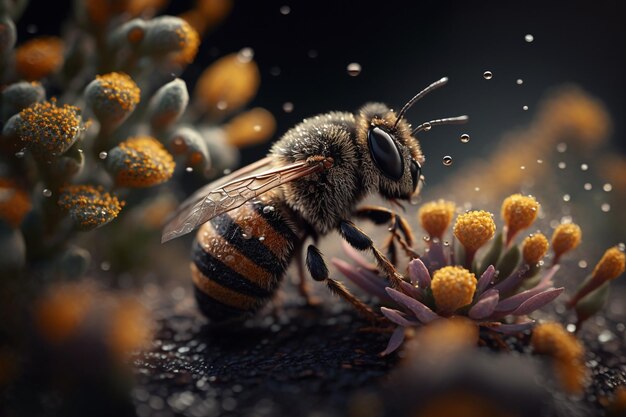 A bees collects honey on flowers on nature Closeup of a honey bee feeding nectar Multicolored flowering summer meadow Golden lush blooming wildflower meadow with wild herbs and flowers