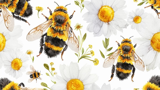 bees and daisies in watercolor style on a cutout white background ideal as wallpaper