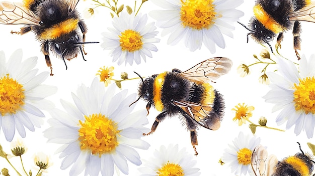 bees and daisies in watercolor style on a cutout white background ideal as wallpaper