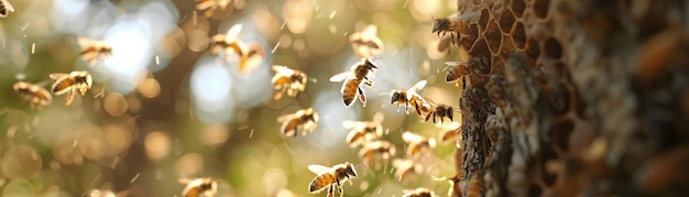 Photo bees in flight and at the hive a closeup shot of bees in flight near their hive the bees are in focus and the background is blurred creating a sense of motion and energy