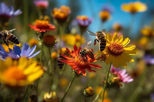 Bees on a flower in a field