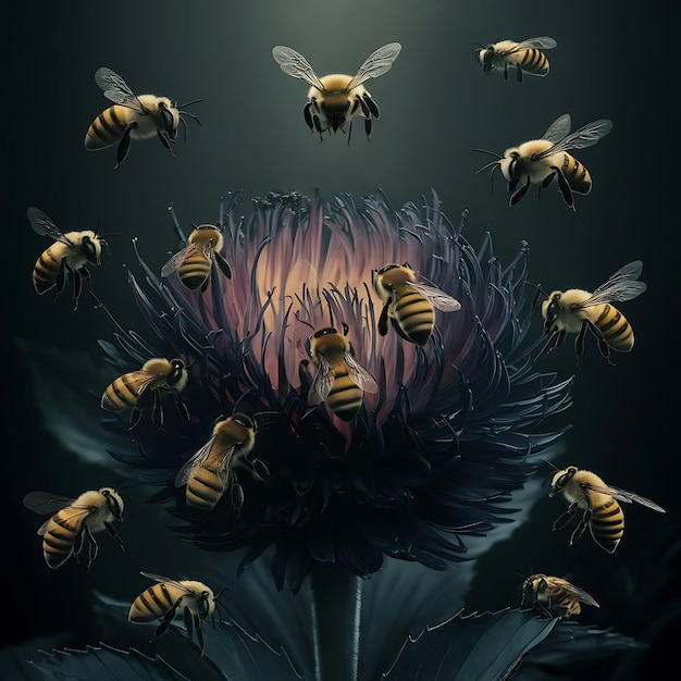 Bees flying around a beauty flower