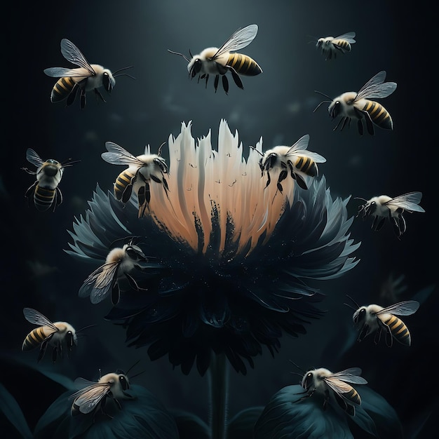 Bees flying around a beauty flower