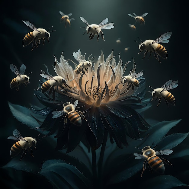 Bees flying around a beauty flower