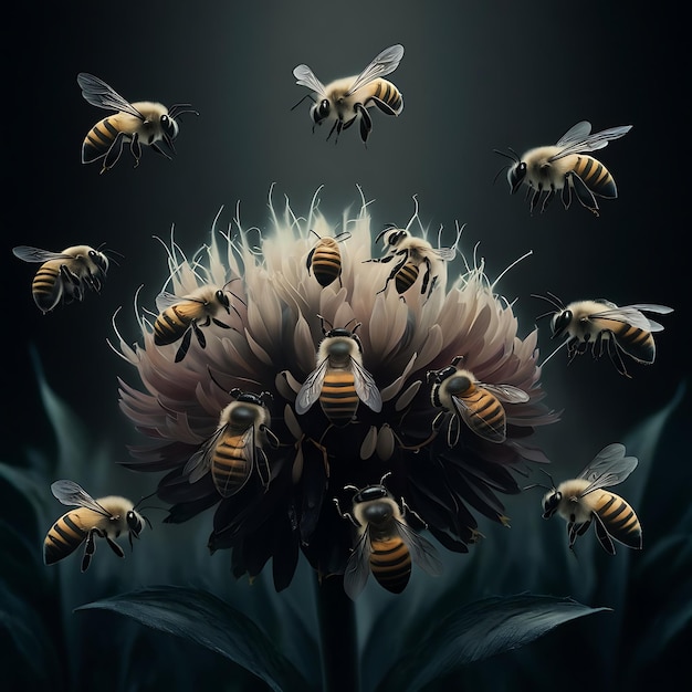 Bees flying around a beauty flower