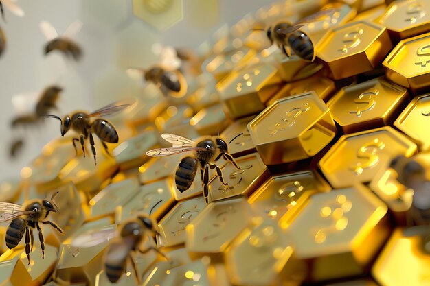 Photo bees and golden honeycomb with dollar signs concept of wealth and success