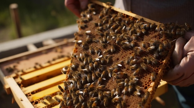 Bees hive frame collecting honey generative AI