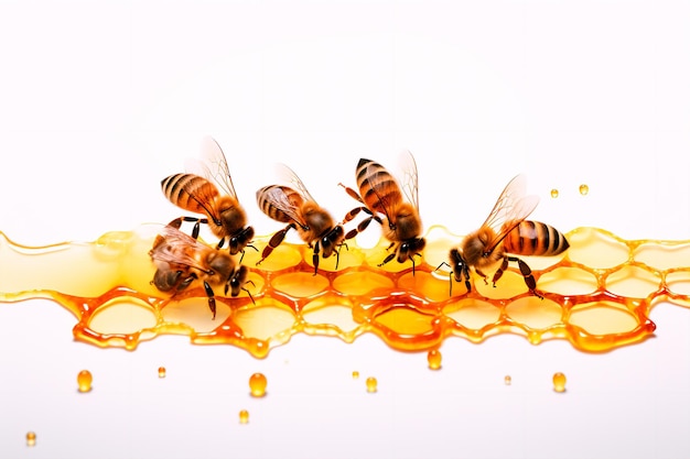 Bees on honeycomb on white isolated background Homemade honey and bees