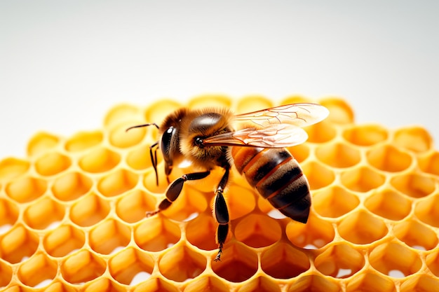 Bees on honeycomb on white isolated background Homemade honey and bees