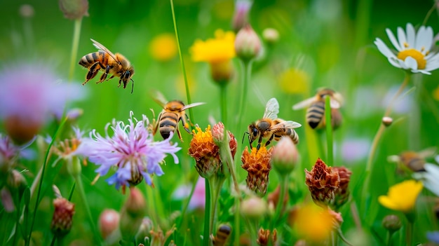 Bees in the meadow and apiary Selective focus