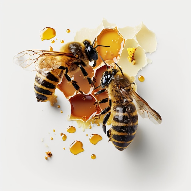 The bees producing honey and are on a white background