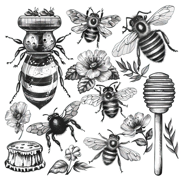 Photo bees set honey clipart hand drawn bee honey elements