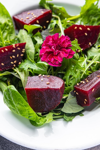 beet salad fresh beetroot slice mix green lettuce healthy meal food snack on the table copy space