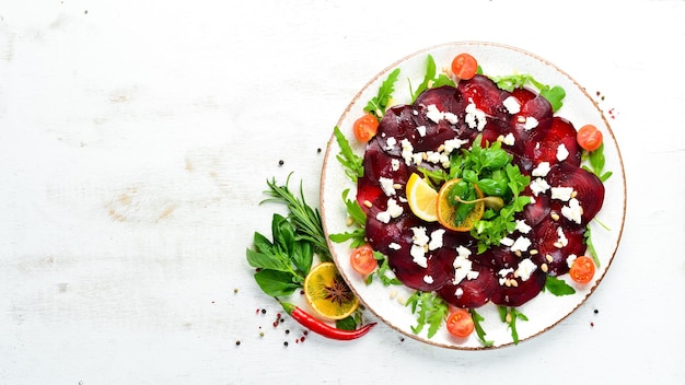 Beet vegetable salad with feta cheese Food Top view Free space for your text