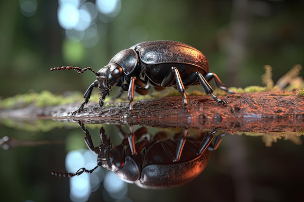 A beetle drinking water on top of a tree branch Generative Ai