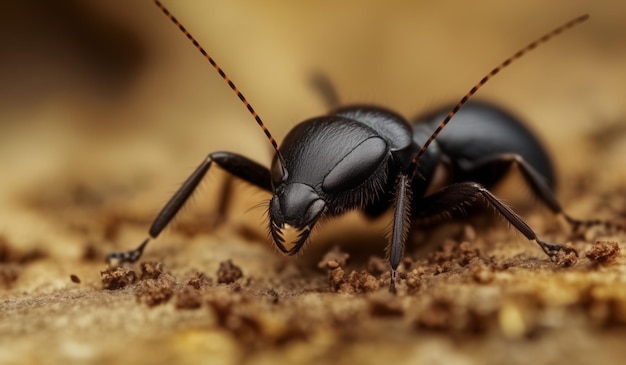 a beetle with a black face is on a brown background