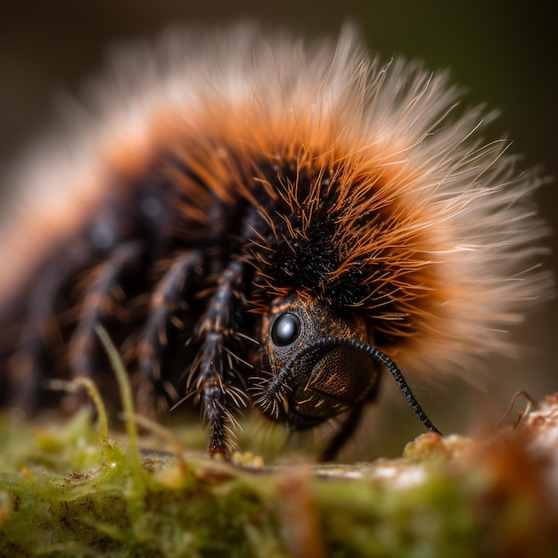 A beetle with a fuzzy head and long hair is on a piece of wood.