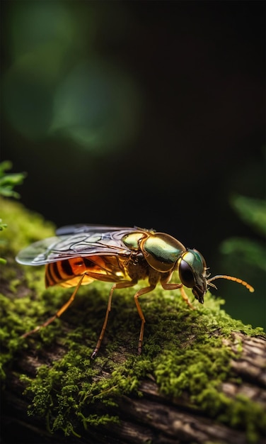 a beetle with a green face sits on a log