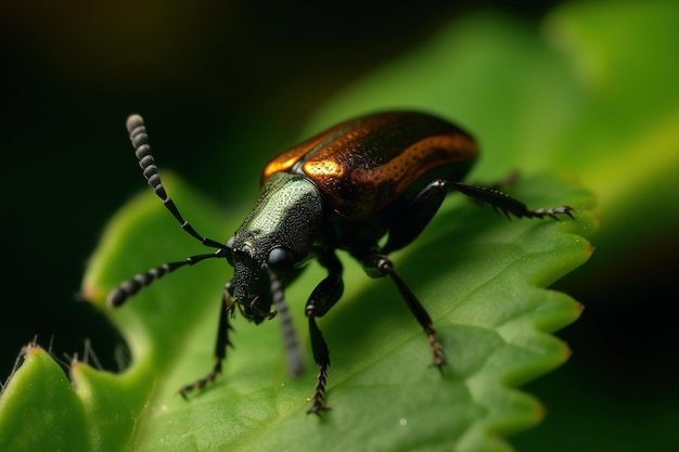 A beetle with green and orange stripes on its back sits on a leaf.