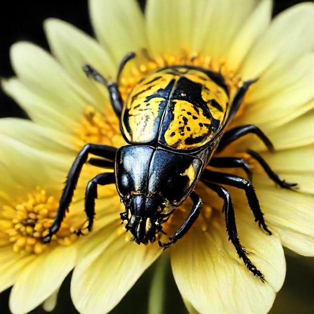 a beetle with a yellow face is on a yellow flower