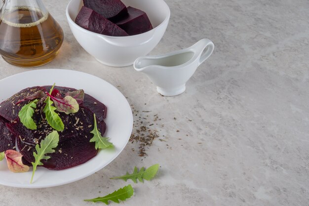 Beetroot carpaccio, a healthy food concept. A beautiful salad.Copy space.