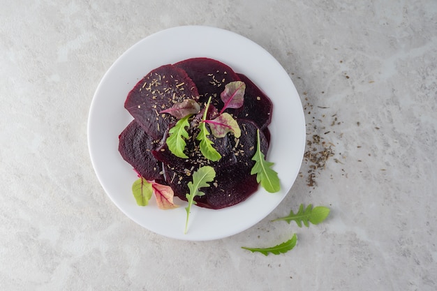 Beetroot carpaccio, a healthy food concept. A beautiful salad.Copy space.