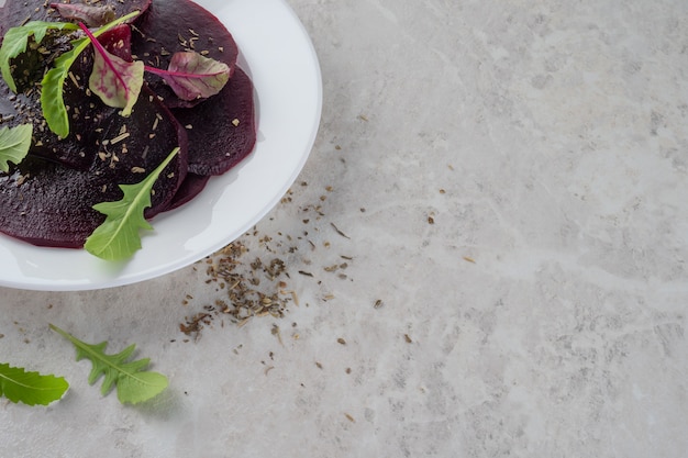 Beetroot carpaccio, a healthy food concept. A beautiful salad.Copy space.