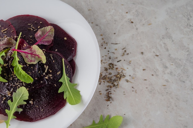 Beetroot carpaccio, a healthy food concept. A beautiful salad.Copy space.