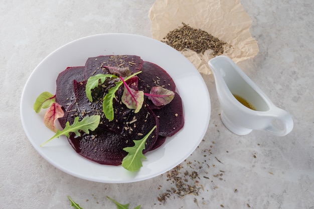 Beetroot carpaccio, a healthy food concept. A beautiful salad.Copy space.