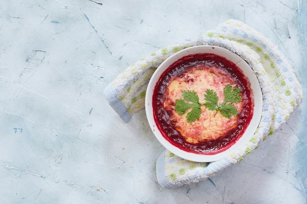 Beetroot and carrot soup with feta cheese