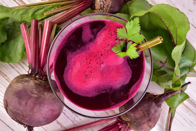 Beetroot juice in a glass Useful healing drink Flat lay