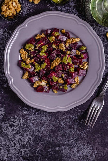 Beetroot pesto sauce and walnut salad