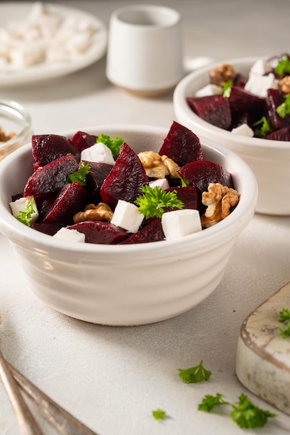 Beetroot salad with feta cheese and walnuts