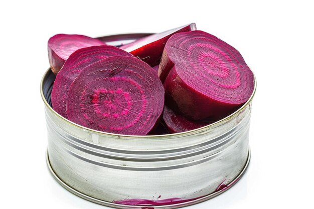 Photo beetroot slices in tin can isolated in transparent background