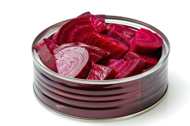 Photo beetroot slices in tin can isolated in transparent background