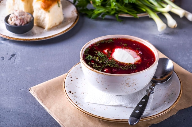 Beetroot soup borsch with sour cream Traditional food Copy space