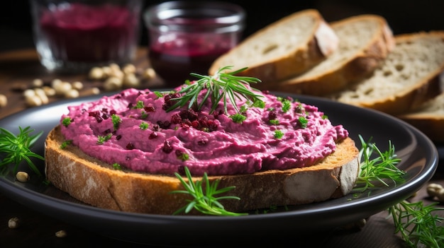 Beetroot spread with bread The dish is on a plate on the white table