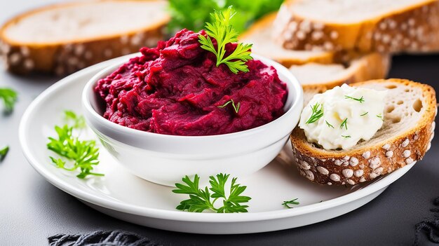 Beetroot Spread with Bread on a Plate