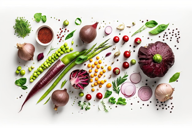 Beets green peas and beans zucchini peppers onions garlic and seasonings with fresh raw veggies on a white background Background of cooking with room for text a top view