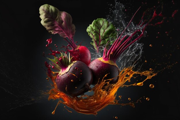 Beets vegetables splash isolated on black background