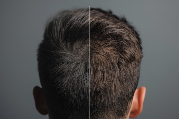 Before and after comparison image showing the back of a mans scalp after a hair transplant procedure