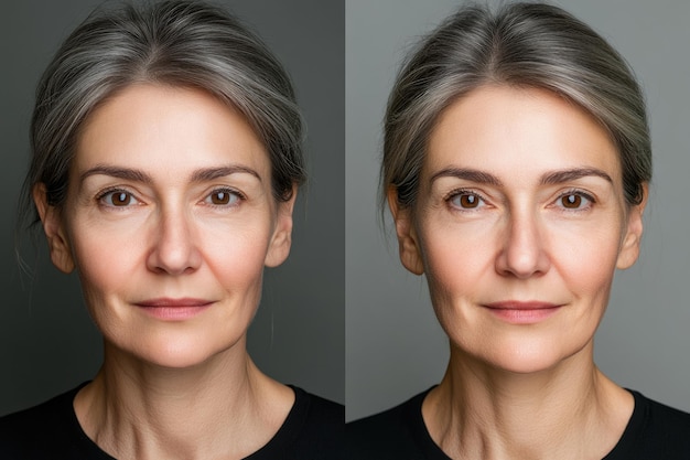 Photo before and after a comparison of wrinkles on a womans face