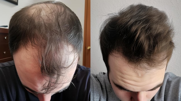 Photo before and after hair growth treatment for 25yearold man with dark hair high angle perspective