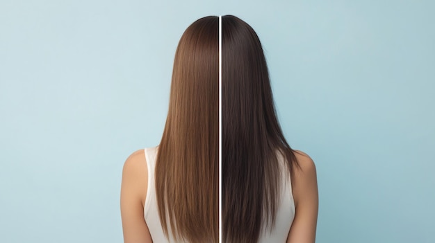 Photo before and after hair transformation of a woman split image