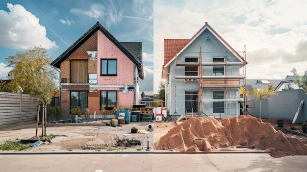 Before and After Home Renovation Project Showcasing Construction Progress in a Quiet Neighborhood